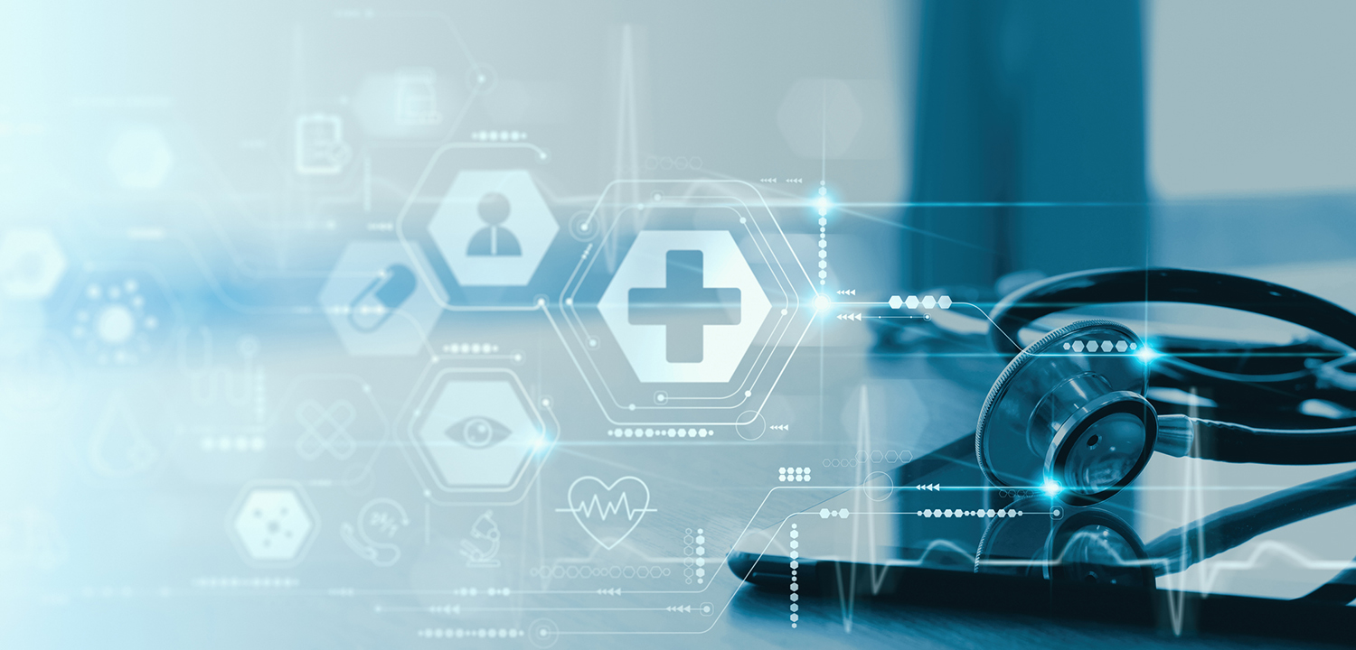 Close up of a stethoscope and digital tablet with virtual electronic medical record of patient on interface