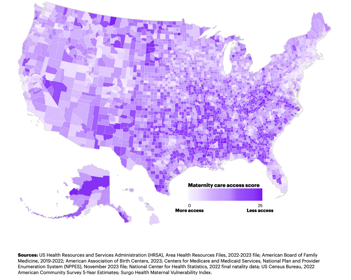 Exhibit 1 – Map of all U.S. counties shows where there is less access to maternity care. The darker the color, the greater the need. Source: March of Dimes, 2024 report, Nowhere to Go: Maternity Care Deserts Across the US.